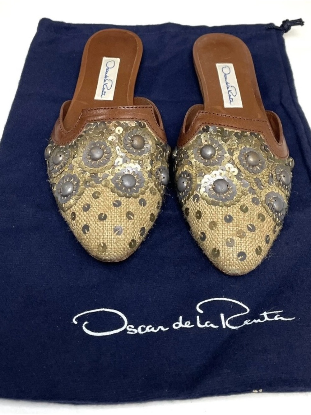 Oscar de la Renta Embellished Canvas & Leather Sequined Mules Size 36 Shoes
